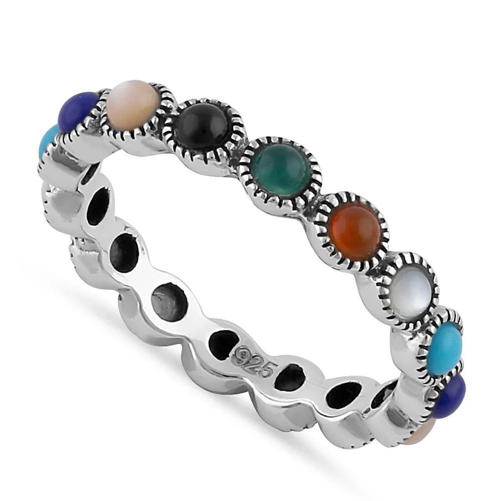 Sterling Silver Round Multi-Color Eternity Marcasite Ring New